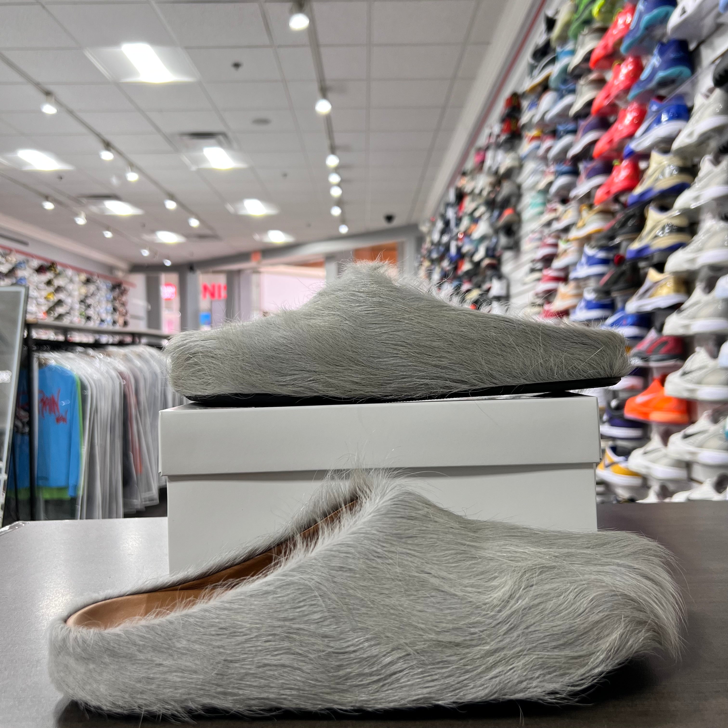 Marni Long Hair Calfskin Fussbett Sabot Mules Light Grey (Lightly Worn+Replacement Box)