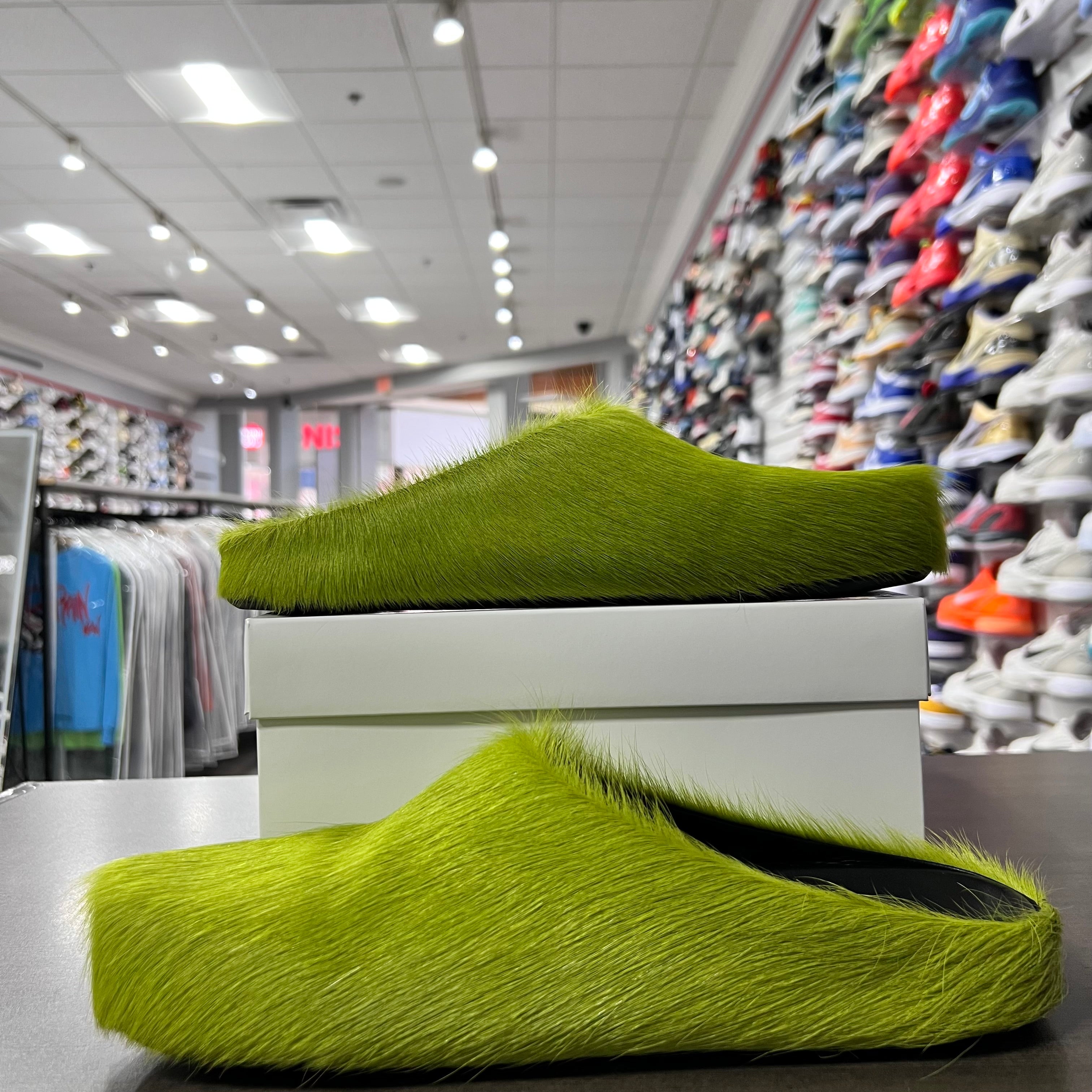 Marni Long Hair Calfskin Fussbett Sabot Mules Lime Green (Lightly Worn+Replacement Box)
