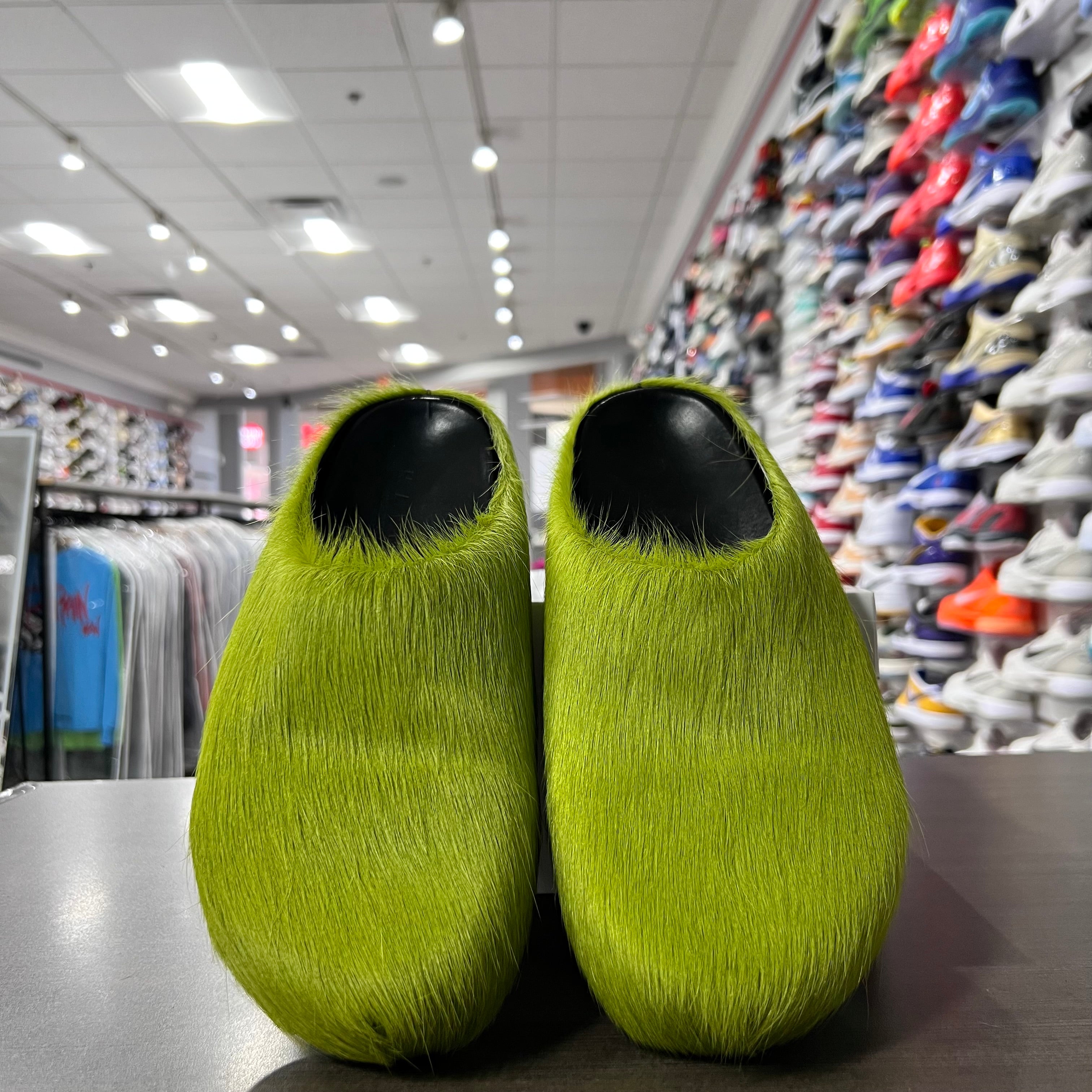 Marni Long Hair Calfskin Fussbett Sabot Mules Lime Green (Lightly Worn+Replacement Box)