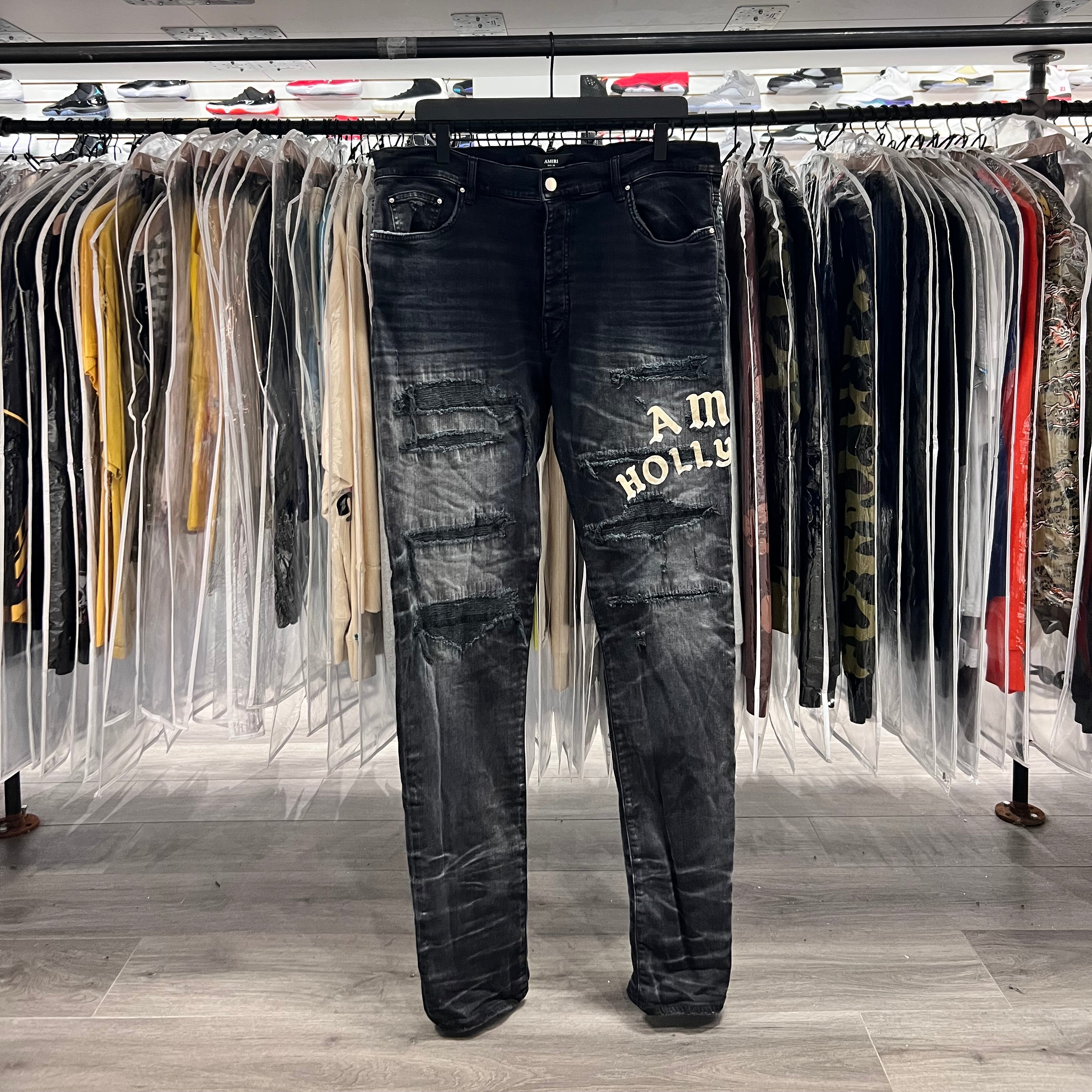 Amiri Hollywood Skinny Fit Logo Flocked Distressed Jeans Black (Lightly Worn)