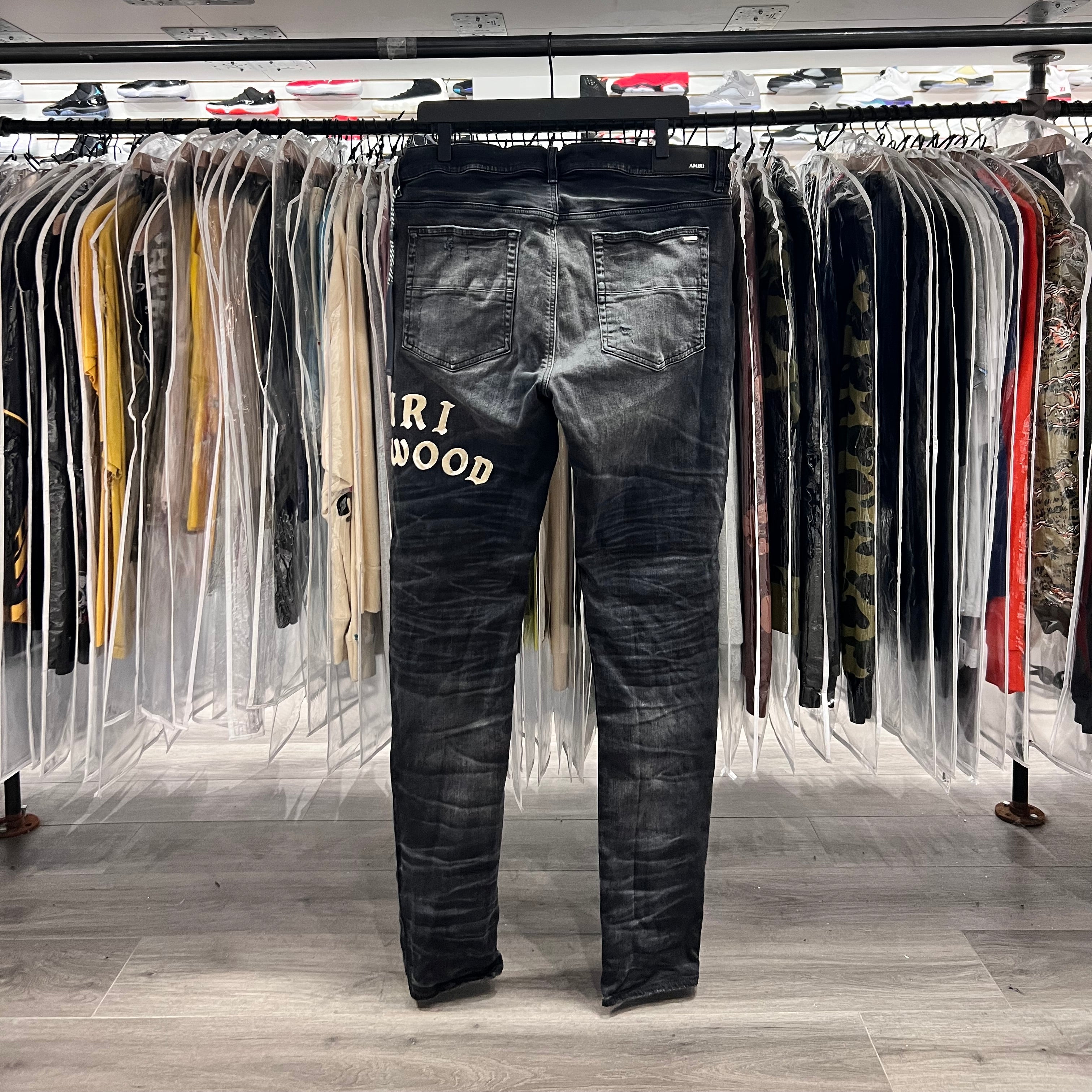 Amiri Hollywood Skinny Fit Logo Flocked Distressed Jeans Black (Lightly Worn)