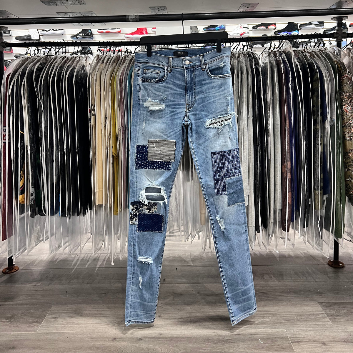 Amiri Skinny Fit Panneled Distressed Stretch Denim Jean (Lightly Worn)