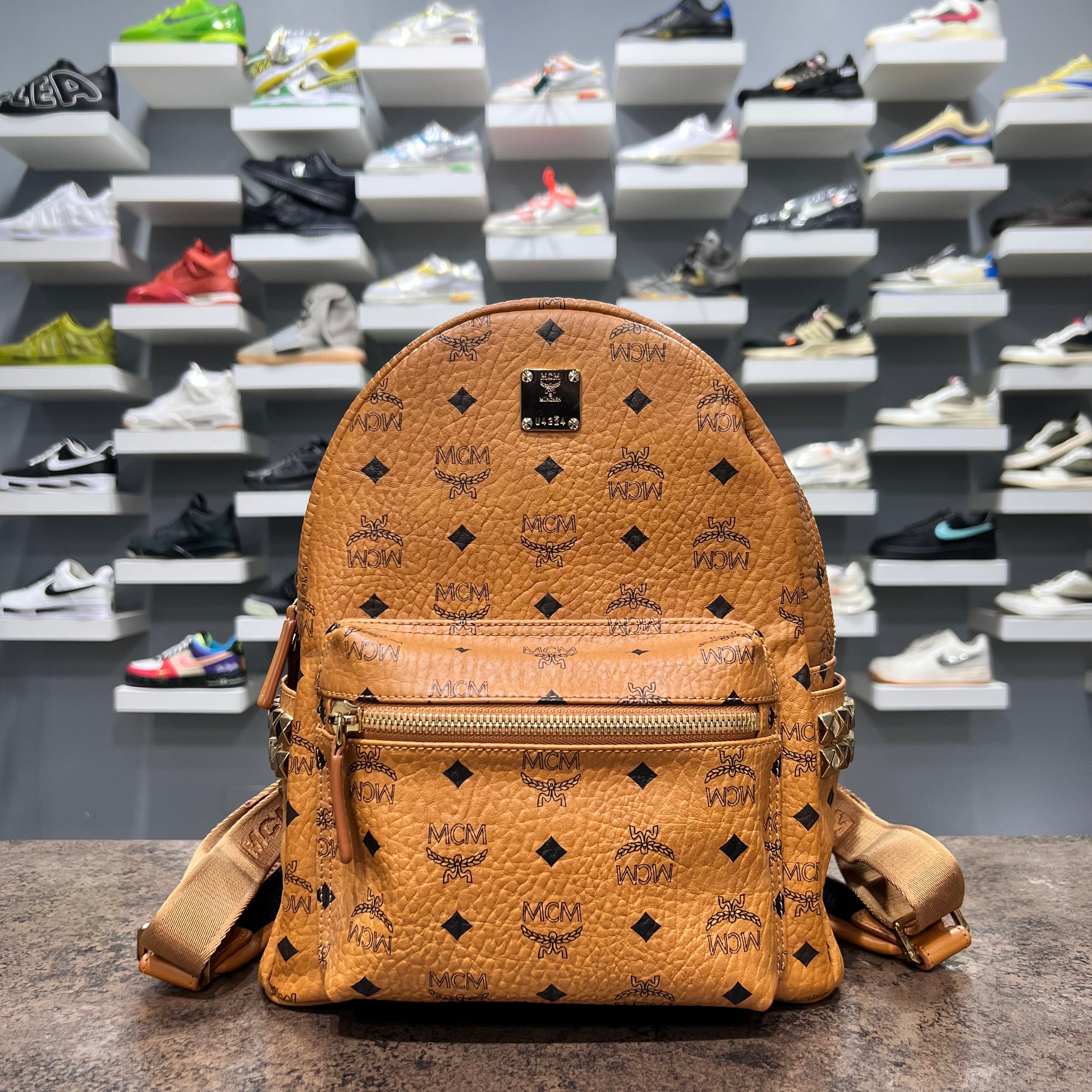 MCM Visetos Side Studs Backpack Small Cognac (Lightly Worn)