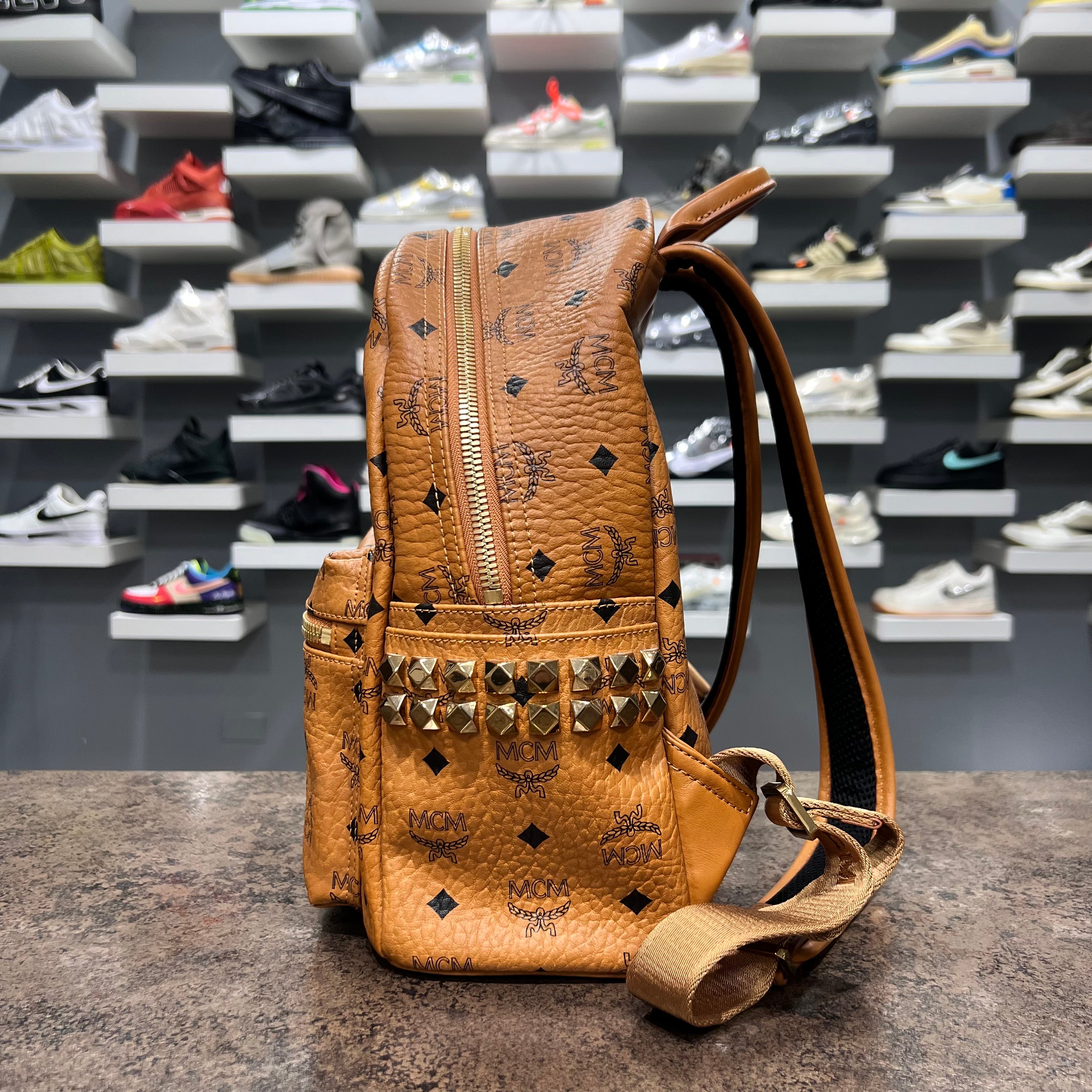 MCM Visetos Side Studs Backpack Small Cognac (Lightly Worn)