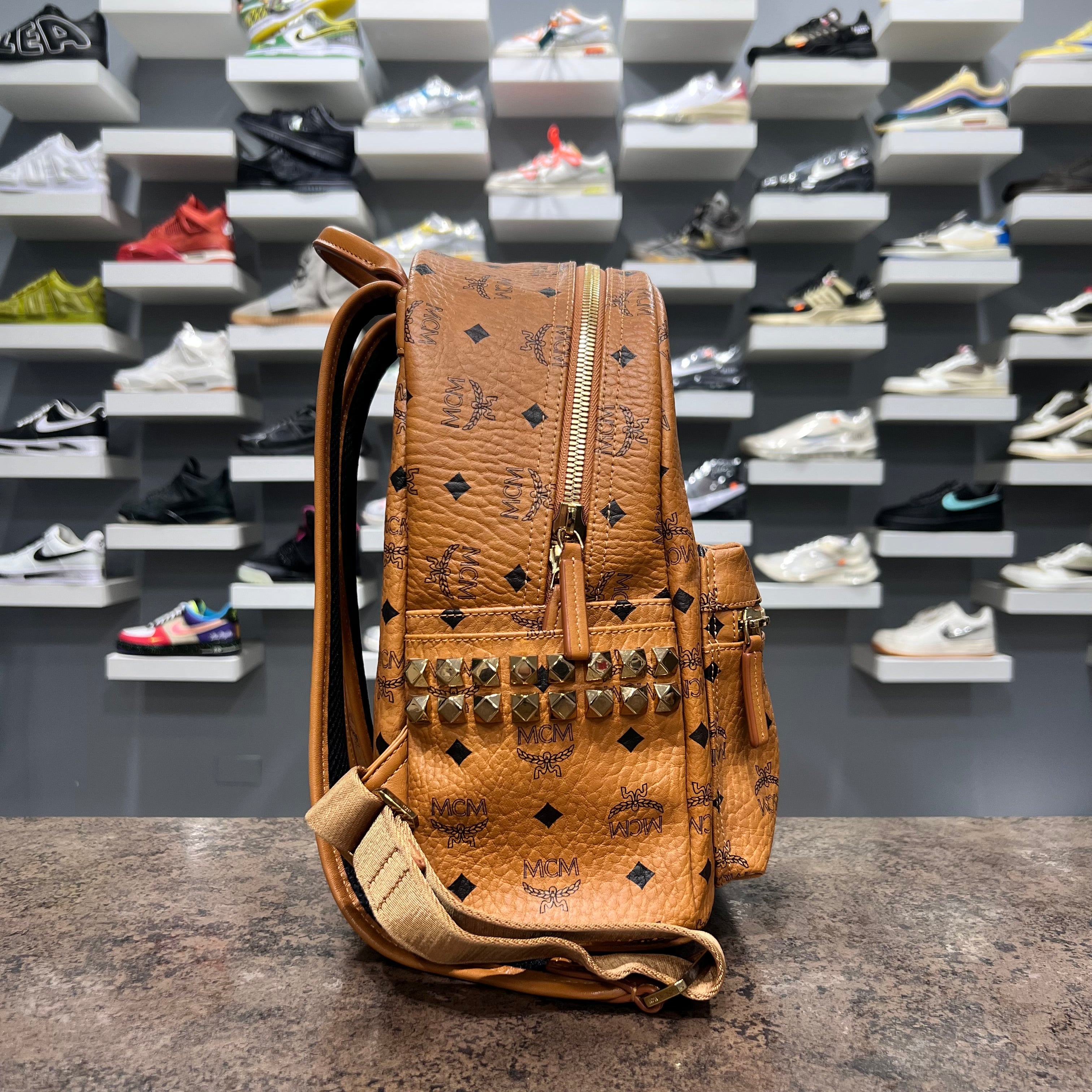 MCM Visetos Side Studs Backpack Small Cognac (Lightly Worn)
