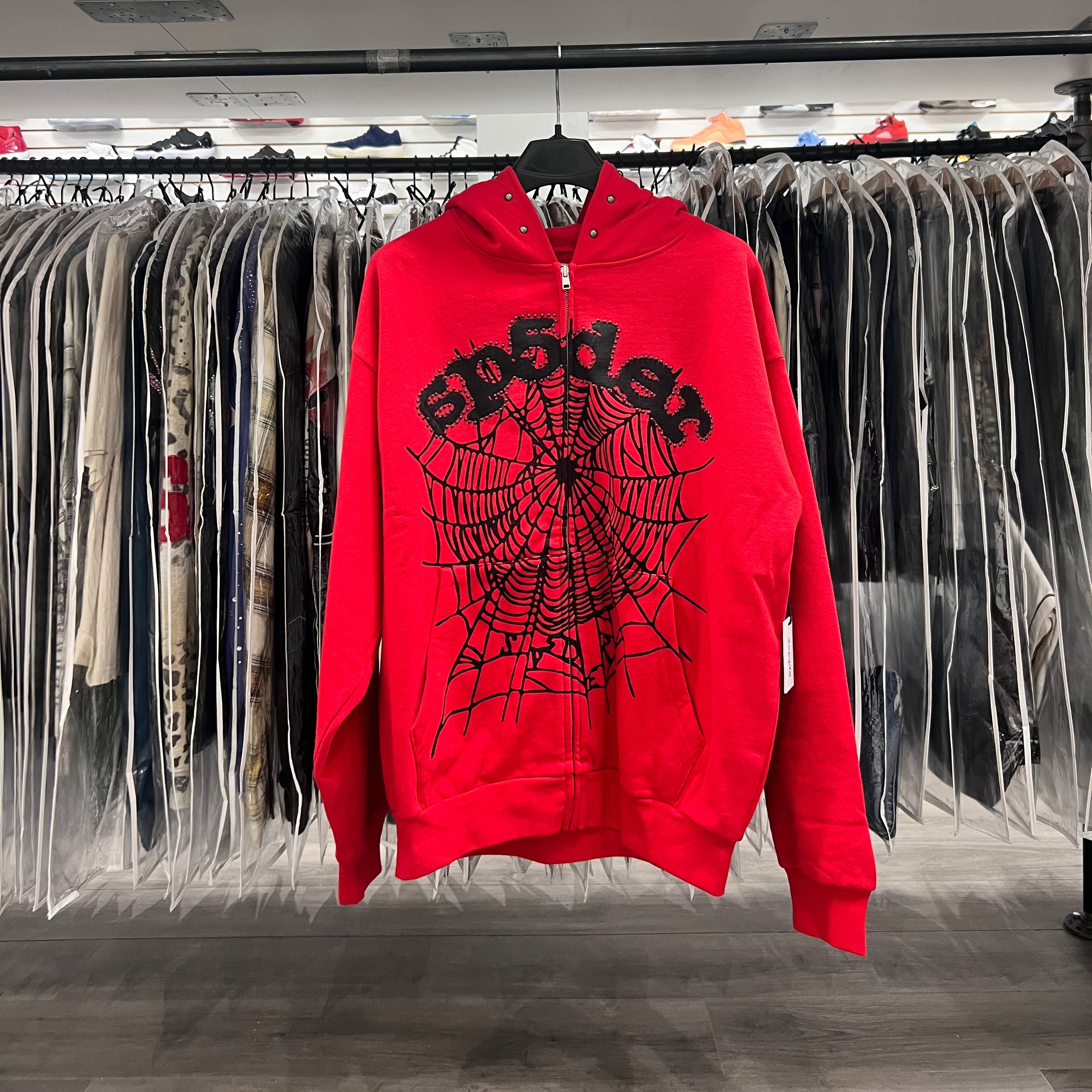 Sp5der Og Web Studded Zip Up Hoodie Red