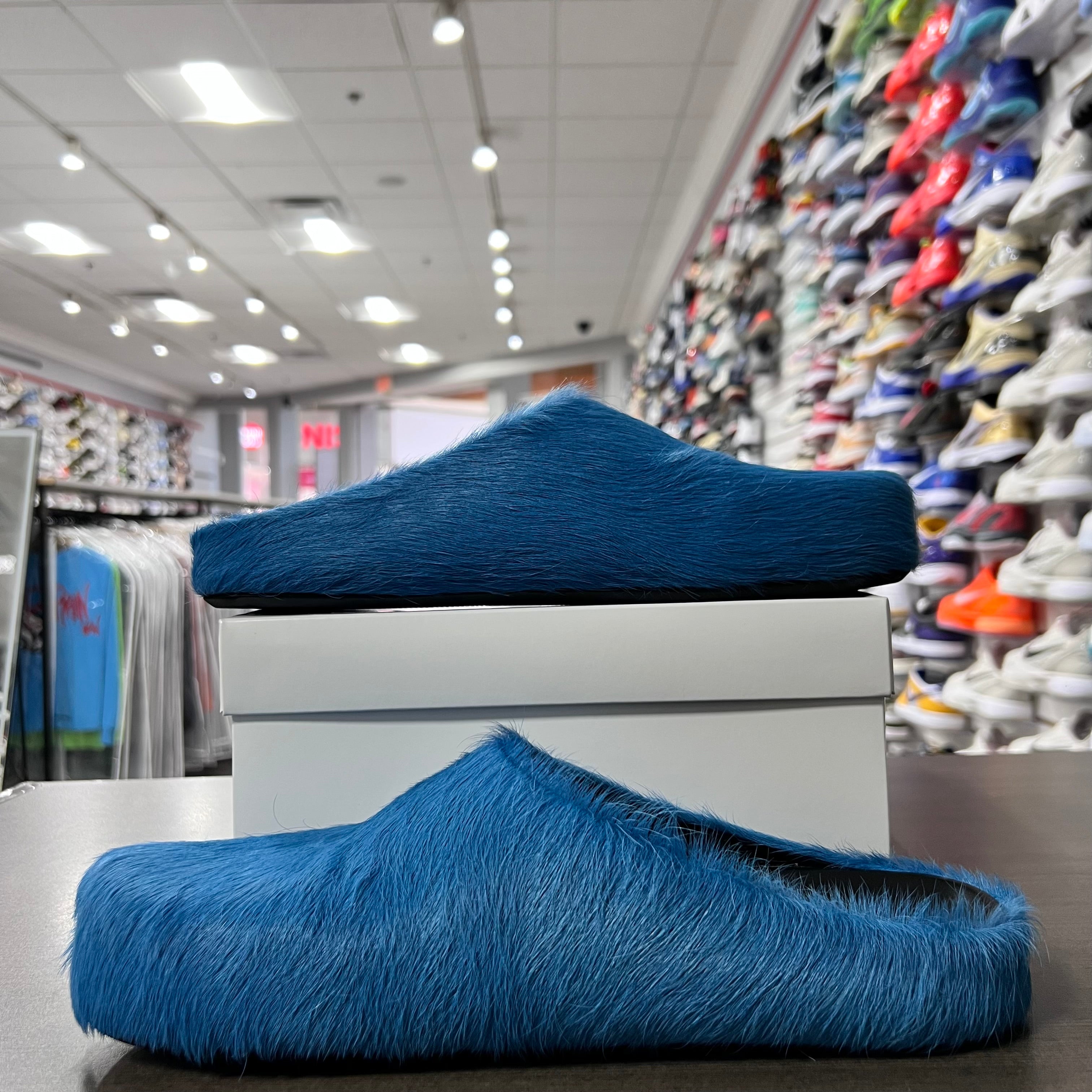 Marni Long Hair Calfskin Fussbett Sabot Mules Light Blue (Lightly Worn+Replacement Box)