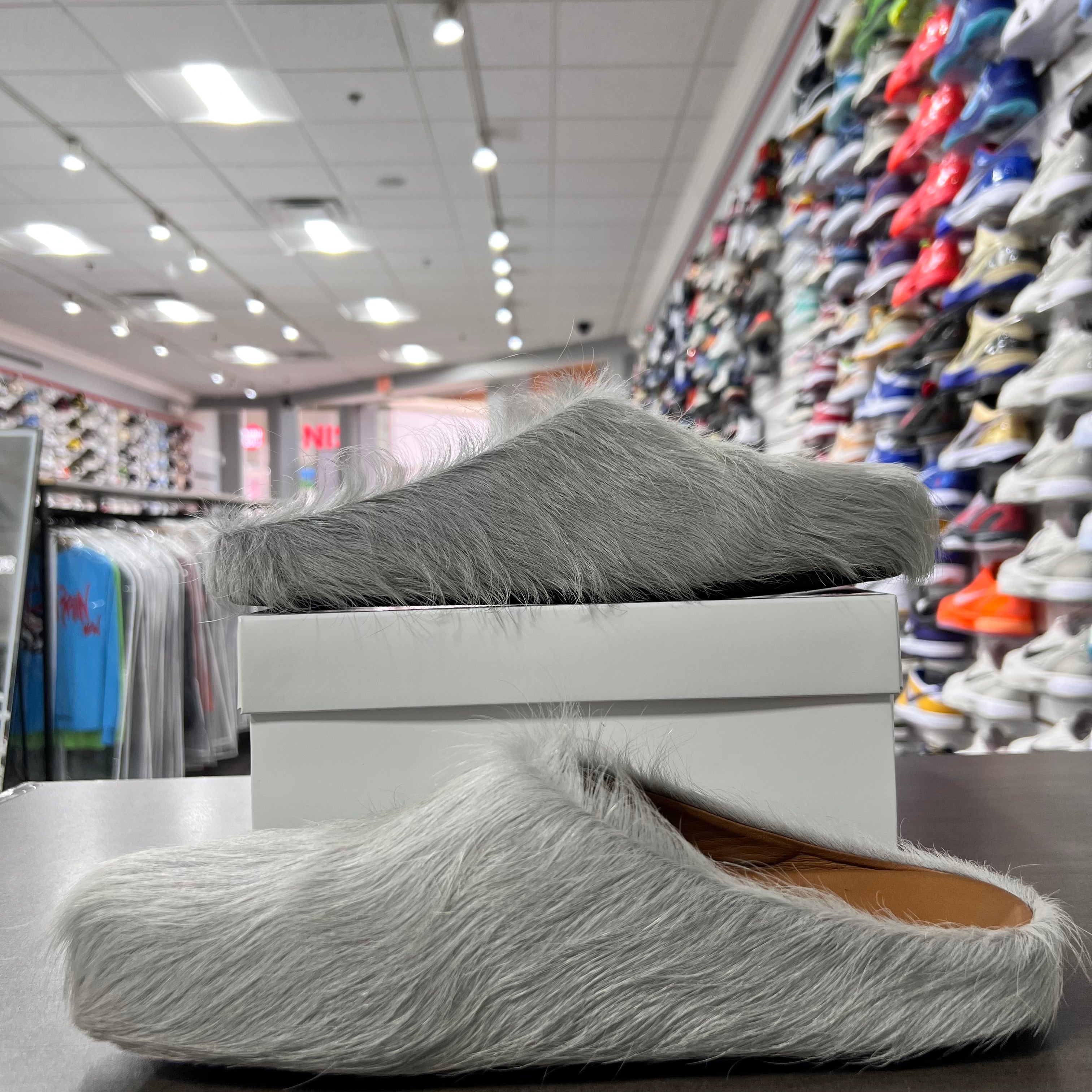 Marni Long Hair Calfskin Fussbett Sabot Mules Light Grey (Lightly Worn+Replacement Box)