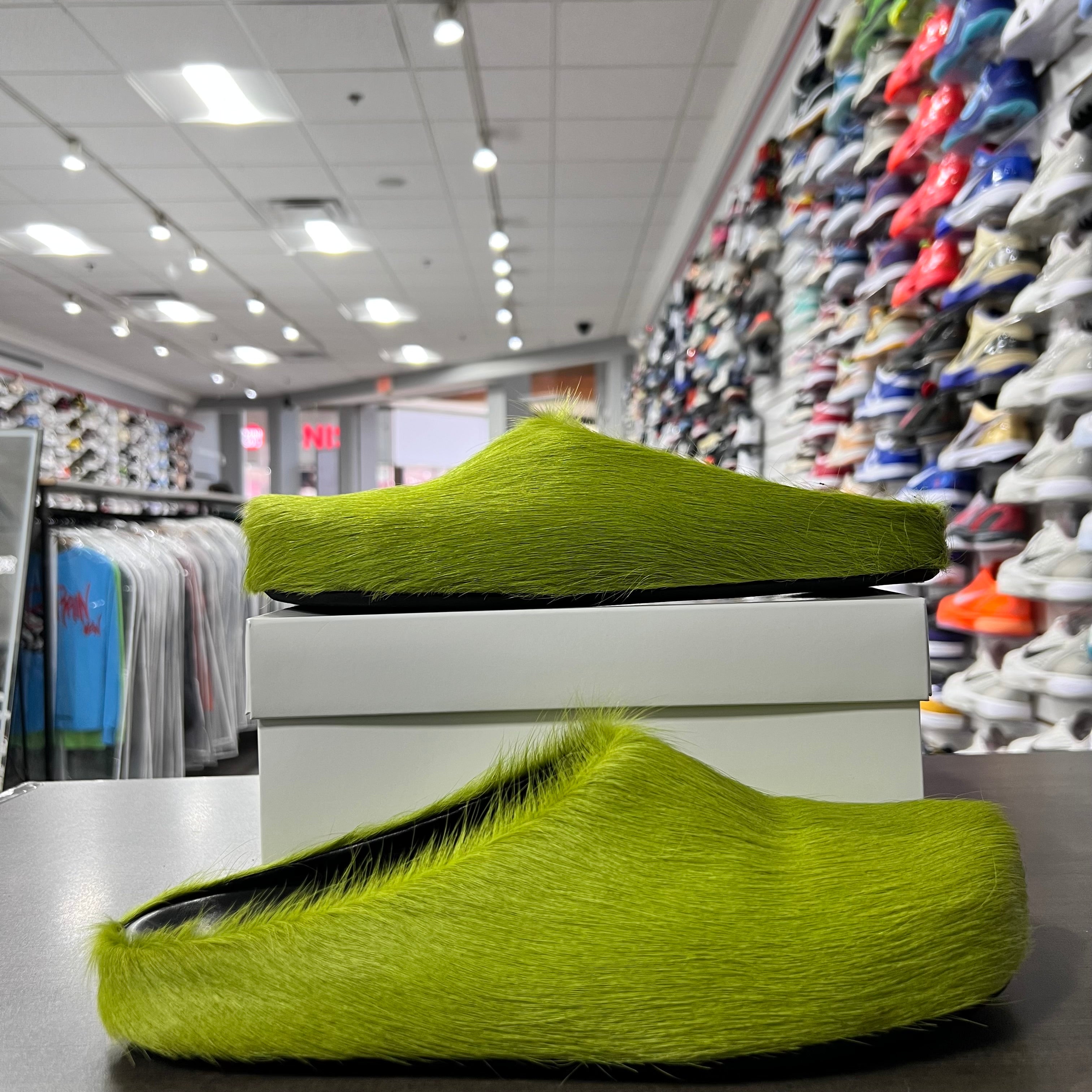 Marni Long Hair Calfskin Fussbett Sabot Mules Lime Green (Lightly Worn+Replacement Box)