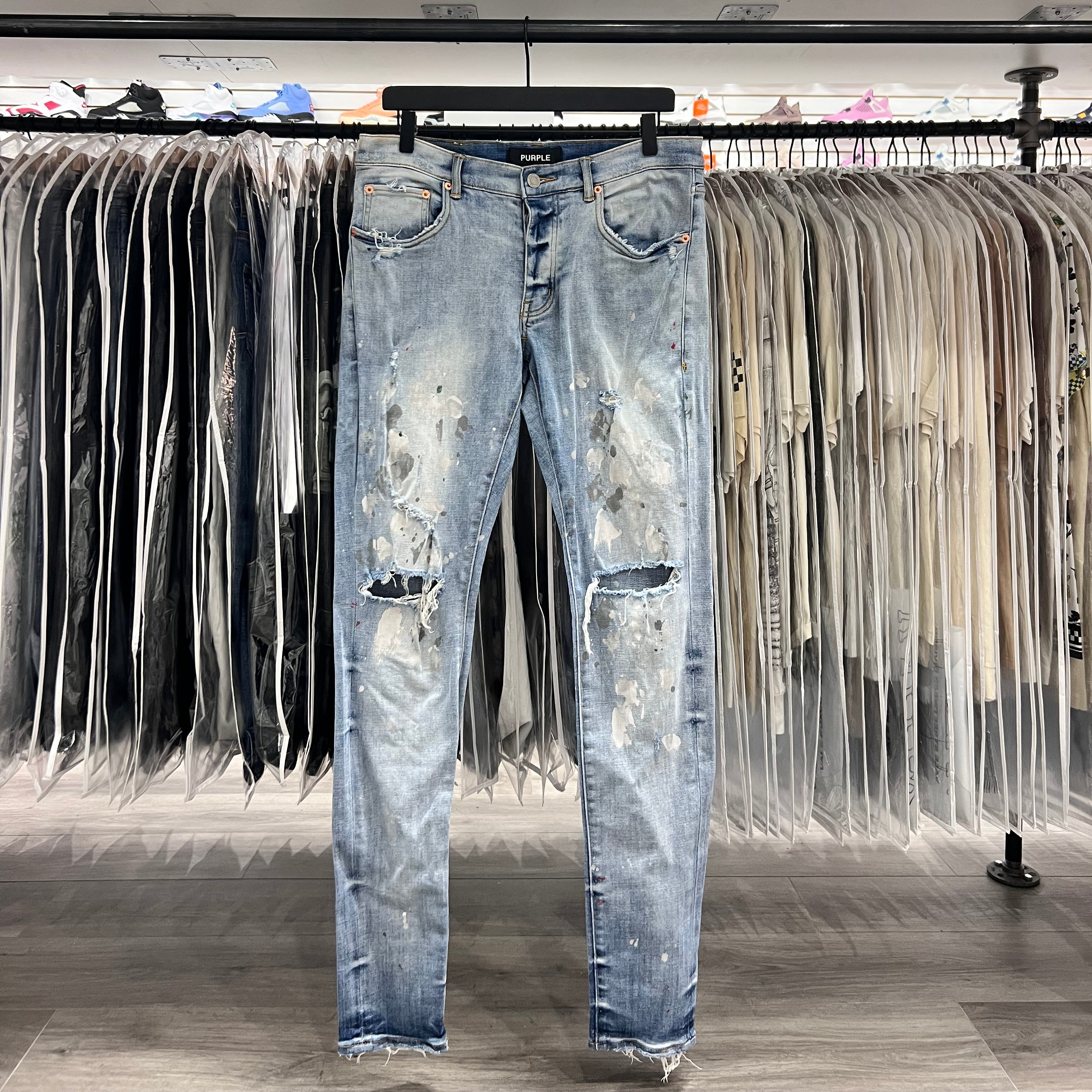 Purple Jeans Light Blue Wash Grey Red Green Paint Splatter (Lightly Worn)