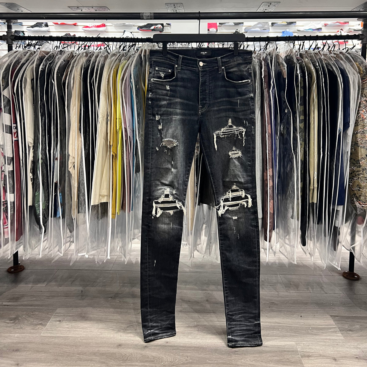 Amiri MX1 Black Leather Patch Jeans (Lightly Worn)