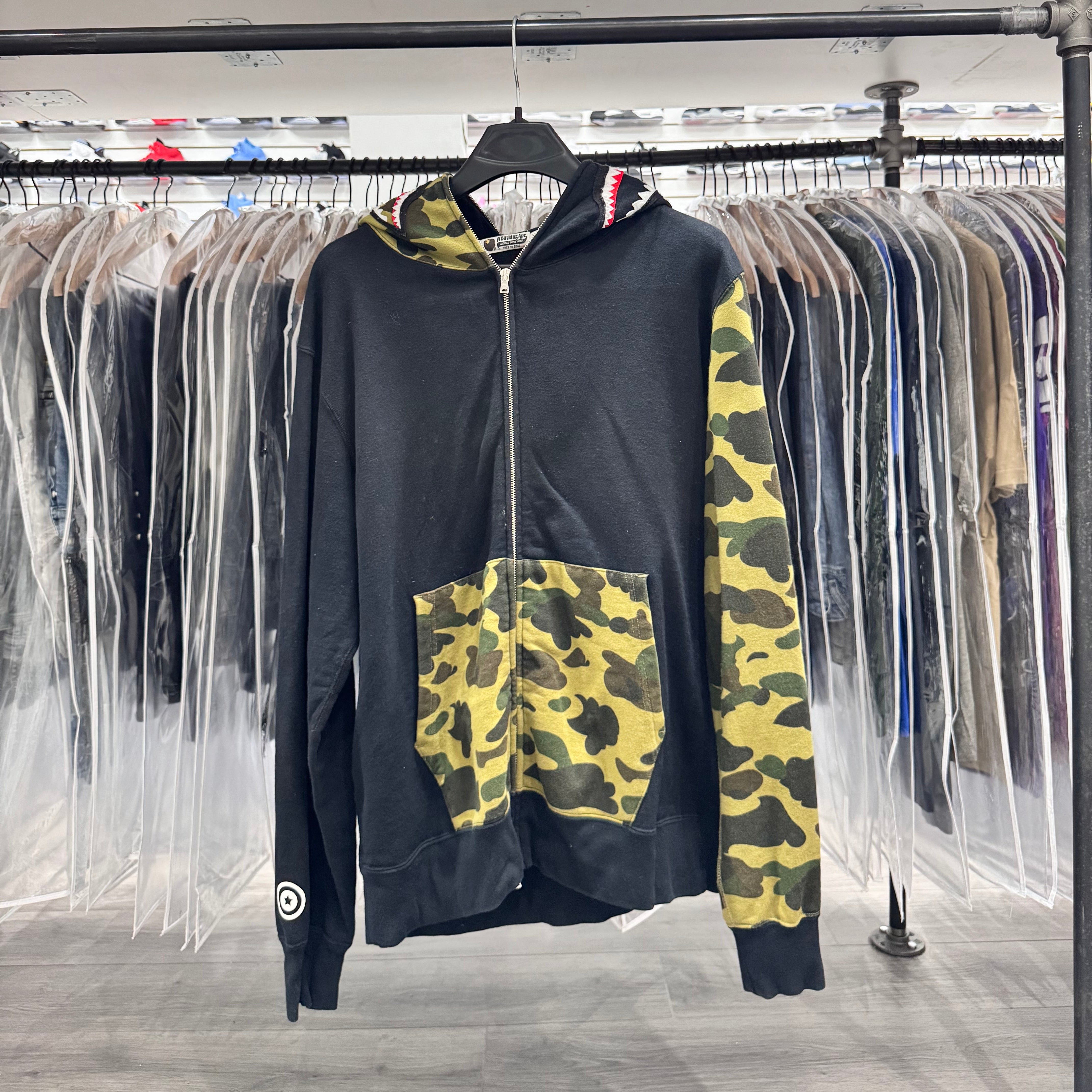 A Bathing Ape Full Zip Shark Hoodie Black Green Camo (Lightly Worn)