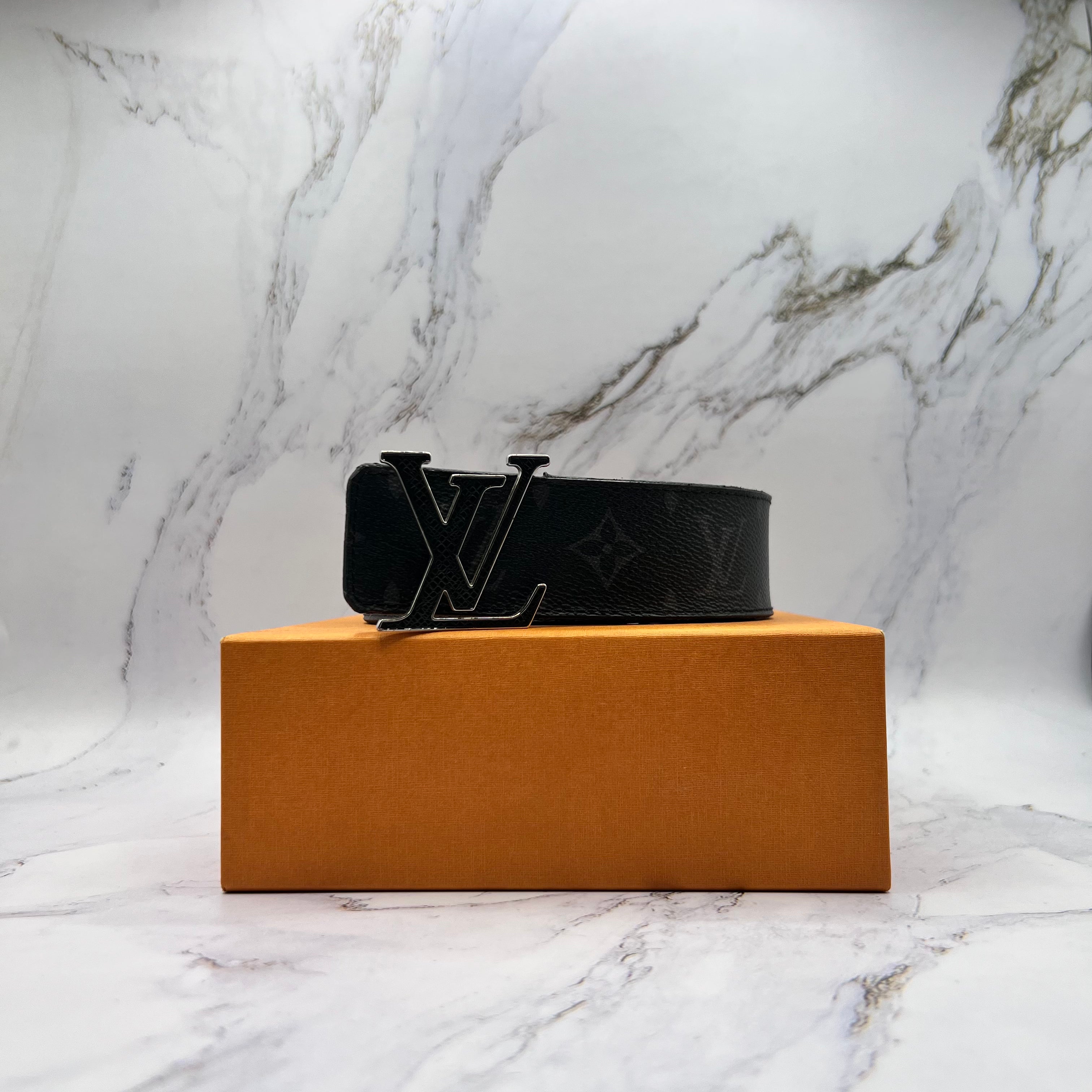 Louis Vuitton Silver Buckle Black Monogram Belt (Lightly Worn)