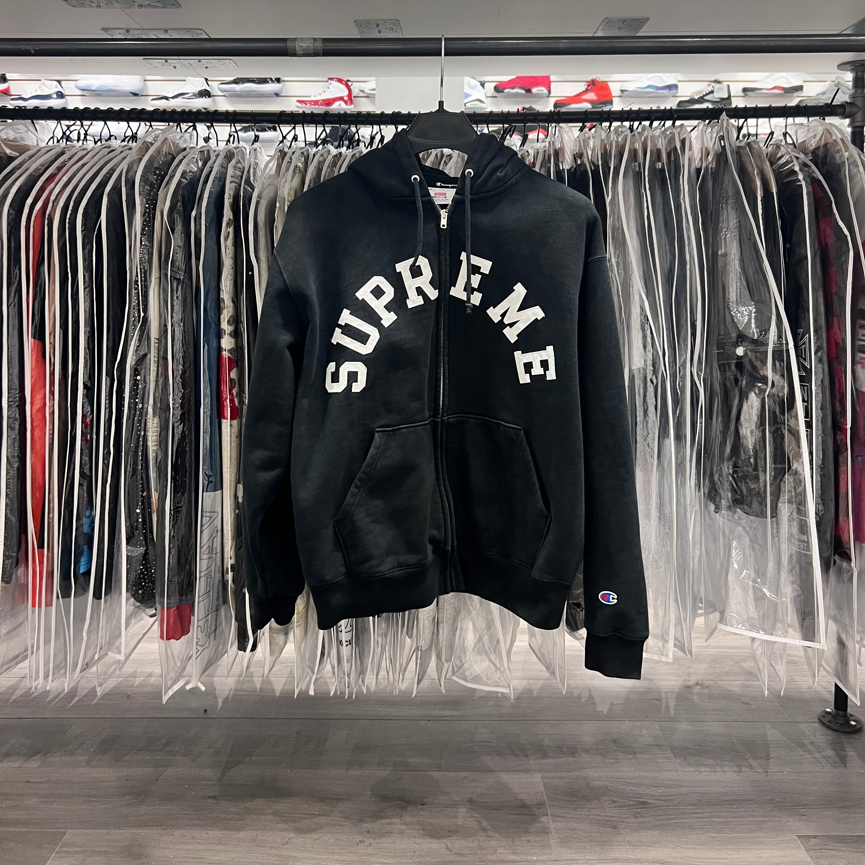 Supreme Champion Zip Up Hooded Sweatshirt Black (Lightly Worn+Stained)