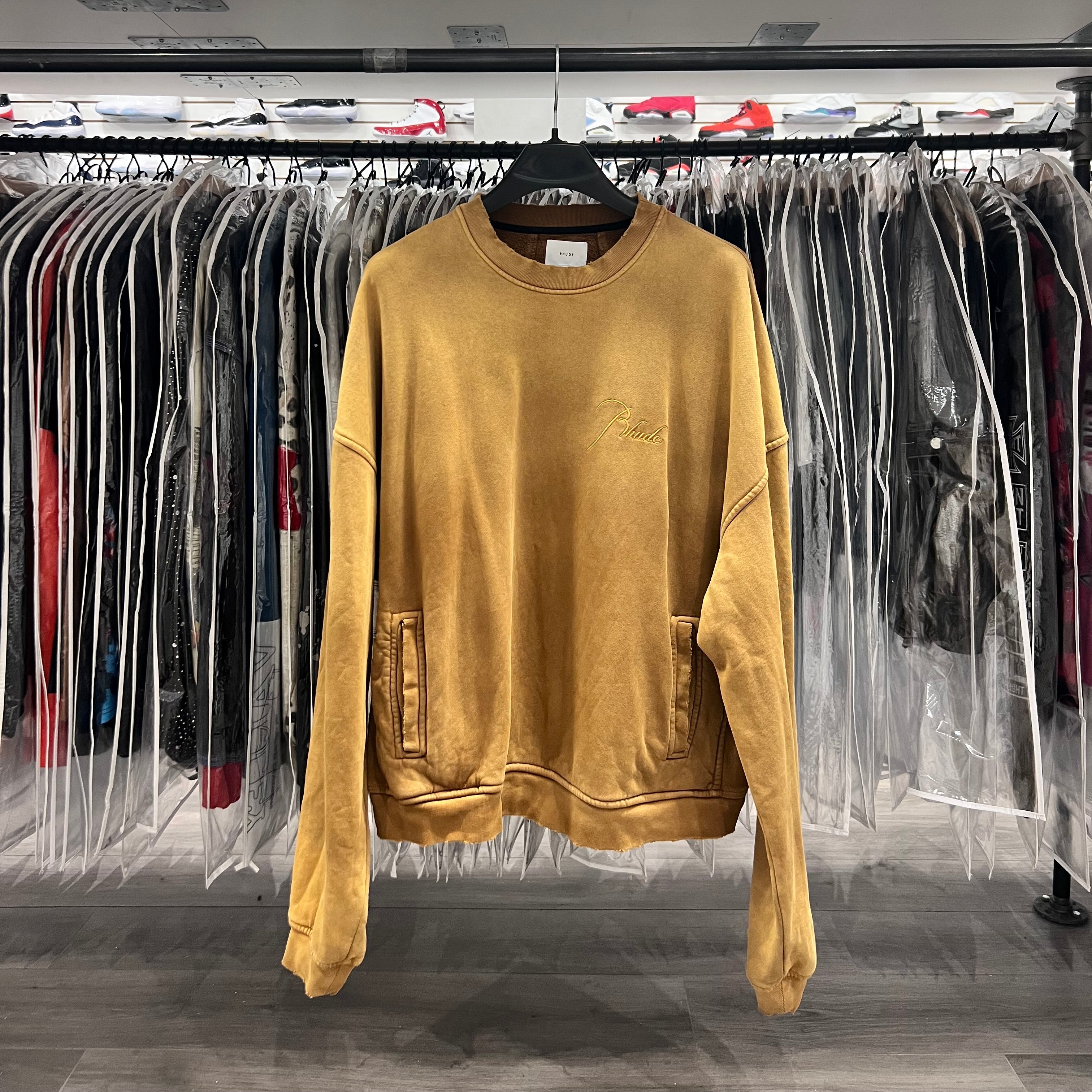 Rhude Embroidered Script Logo Crewneck Sunfaded Mustard (Lightly Worn)