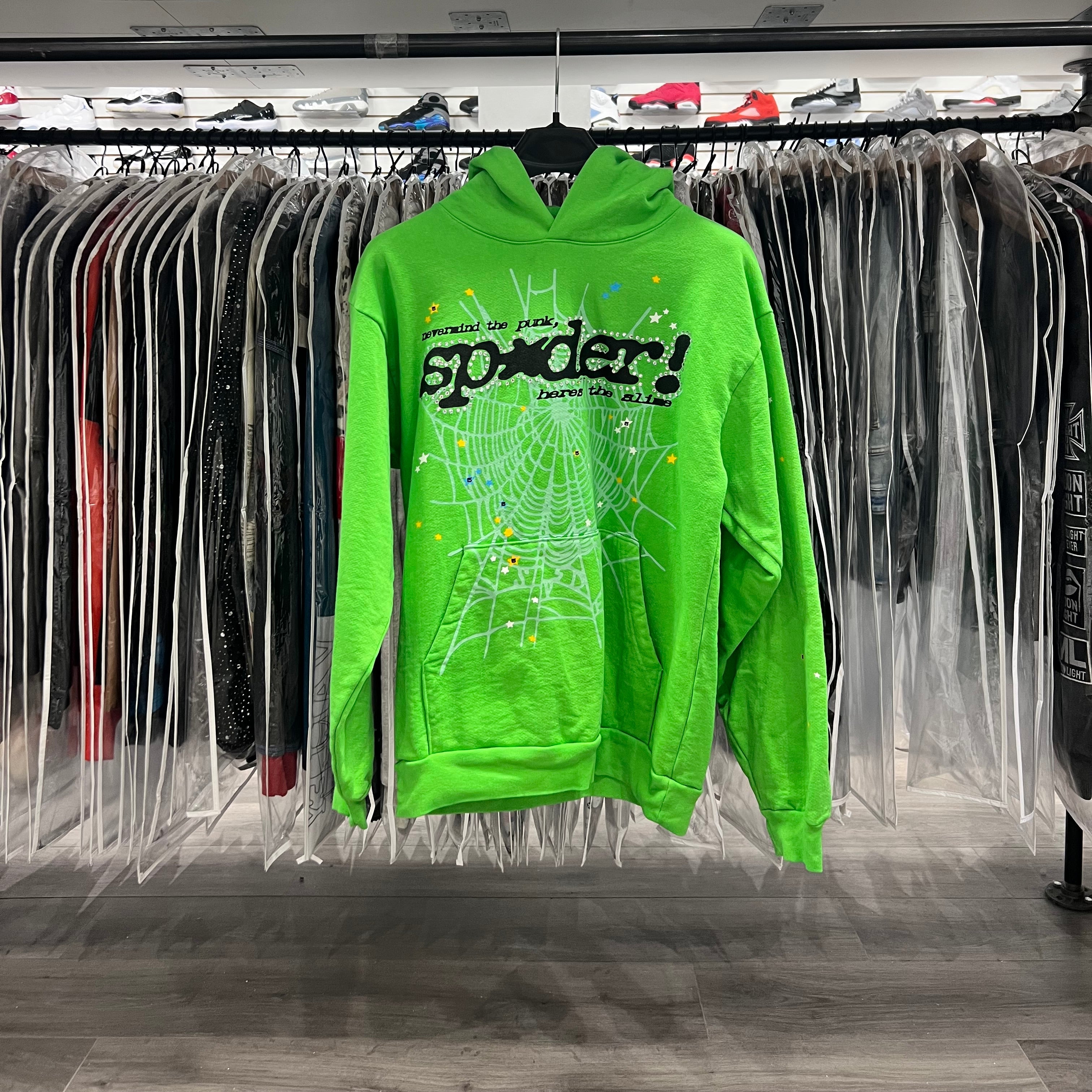 Sp5der Punk V2 Rhinestone Hoodie Bright Green (Lightly Worn)